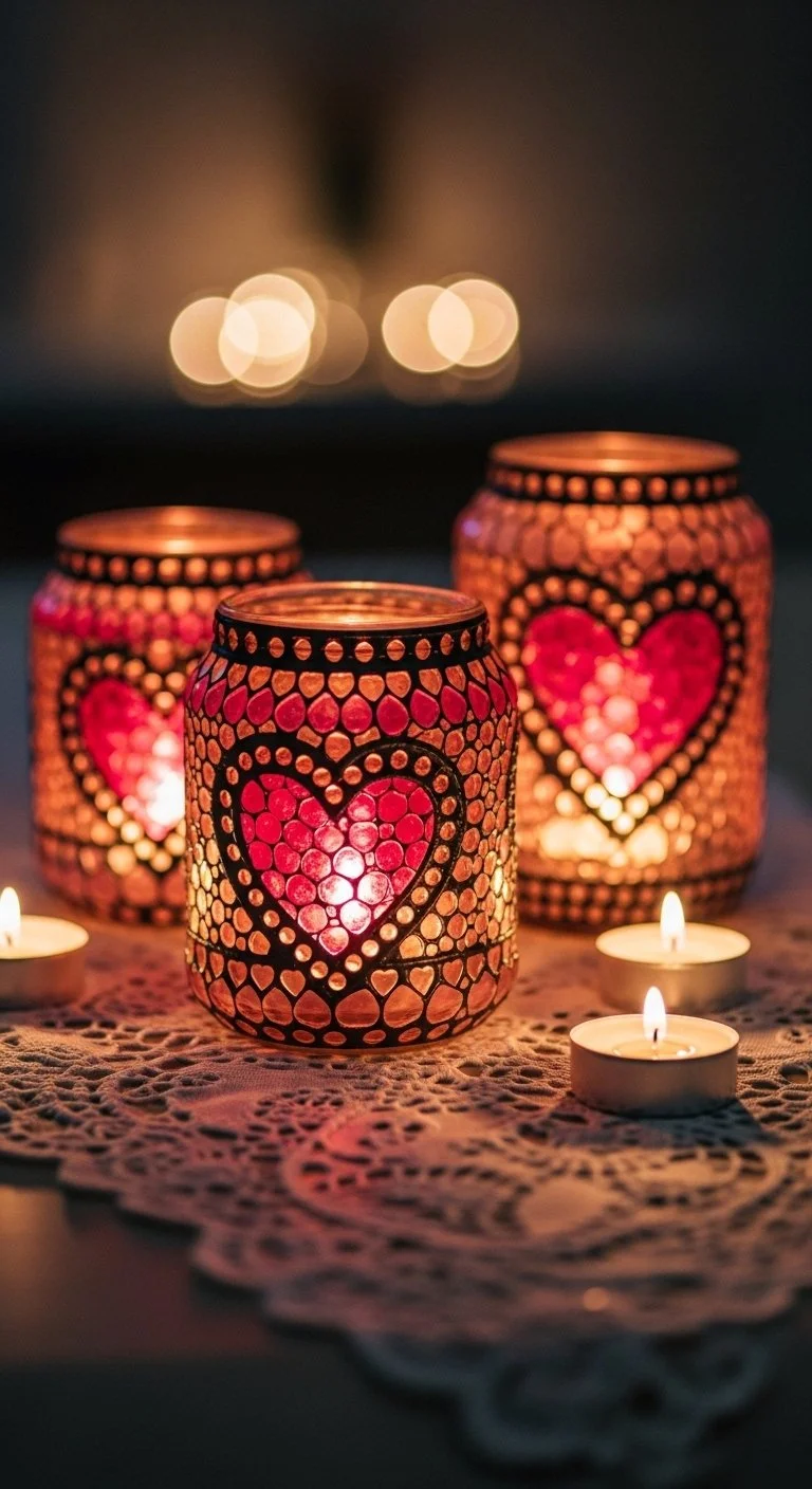 Valentine Mason Jar Lantern glowing with heart-shaped decorations