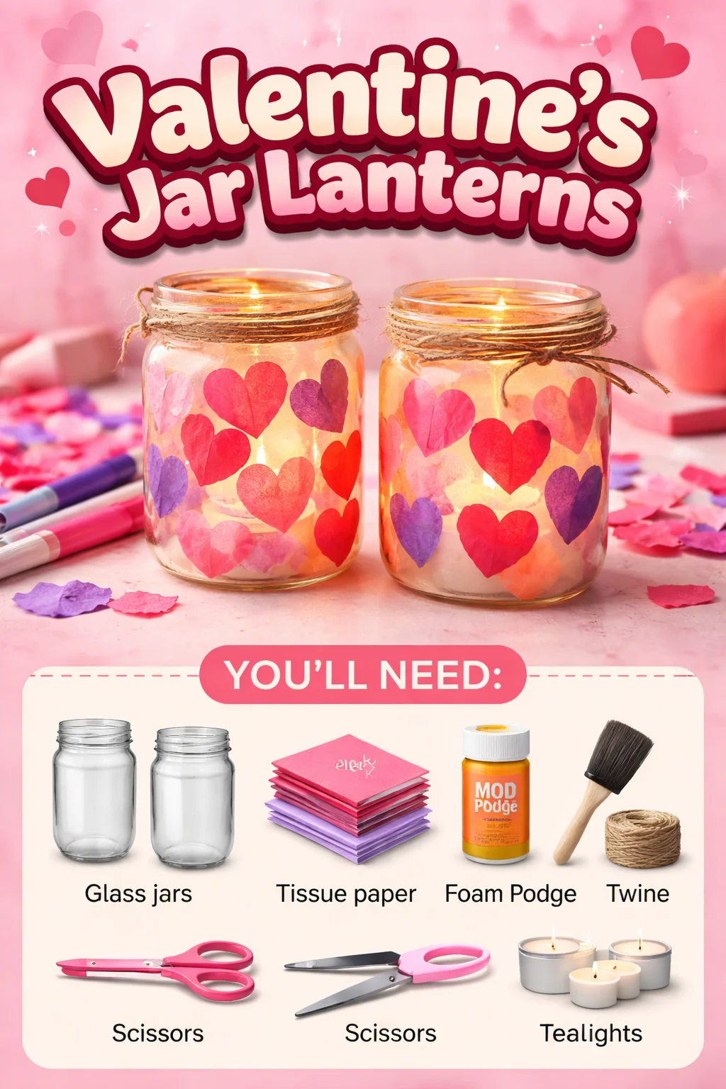 A romantic collection of Valentine's jar lanterns glowing softly in the dark.