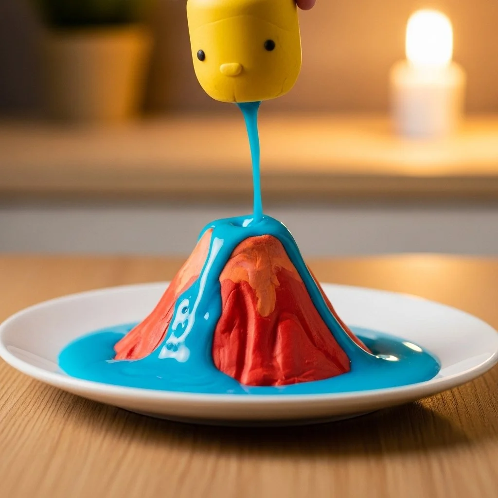 A hands-on volcano experiment demonstrating a mini eruption with baking soda and vinegar.