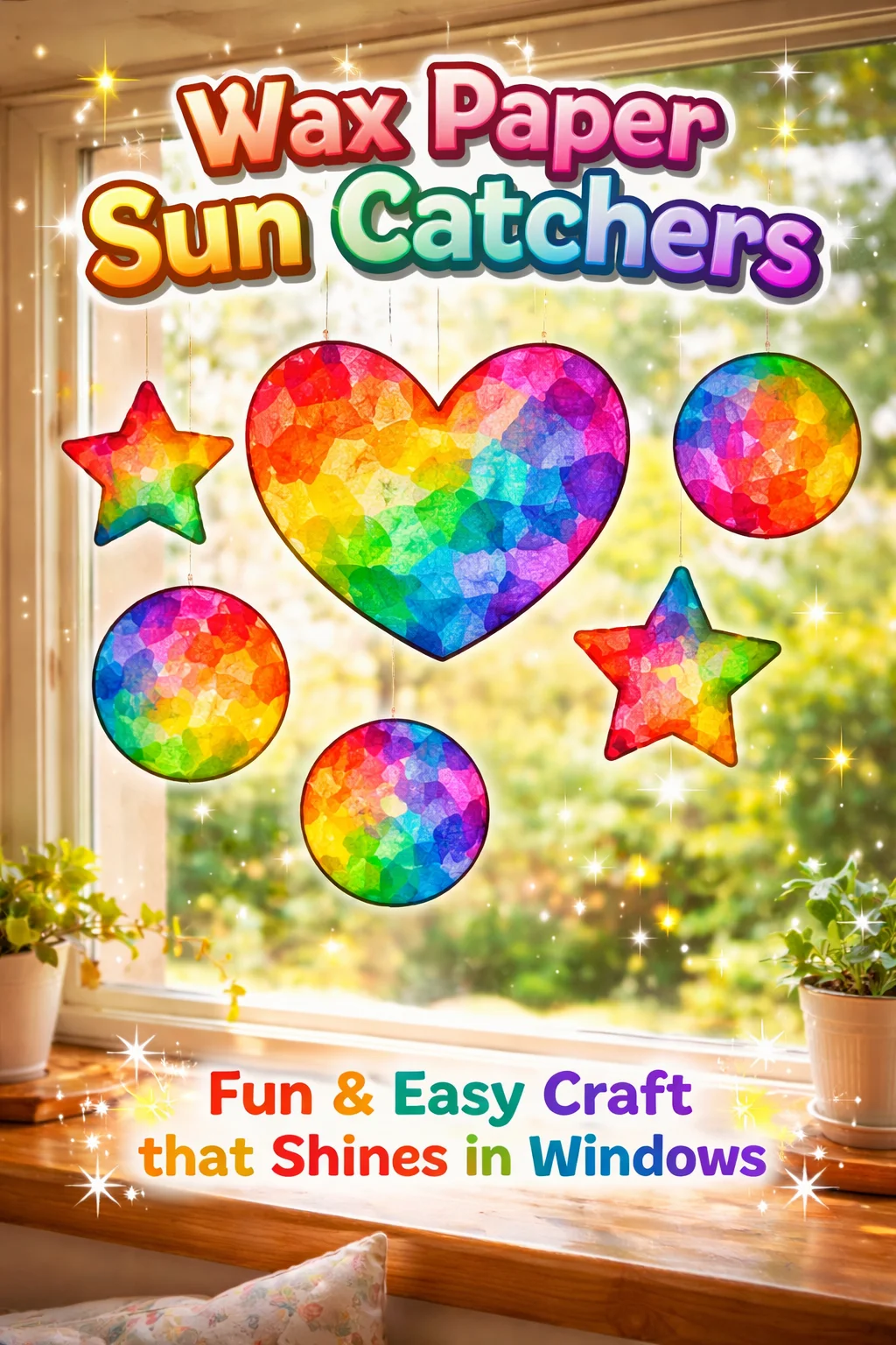 Colorful wax paper sun catchers hanging in a window catching sunlight.