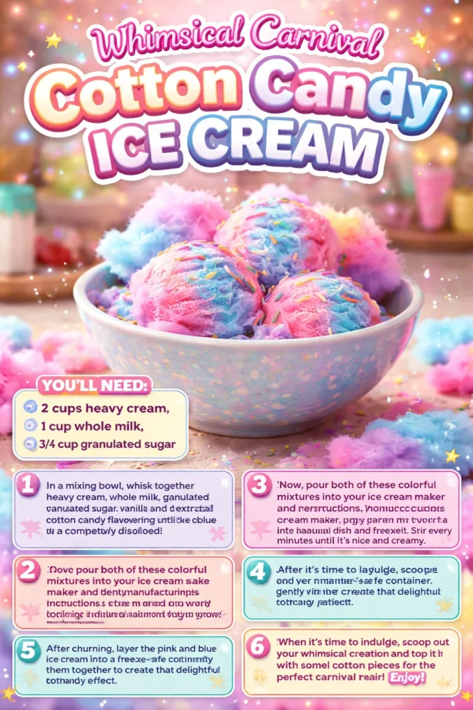 Whimsical carnival cotton candy ice cream in a colorful cone