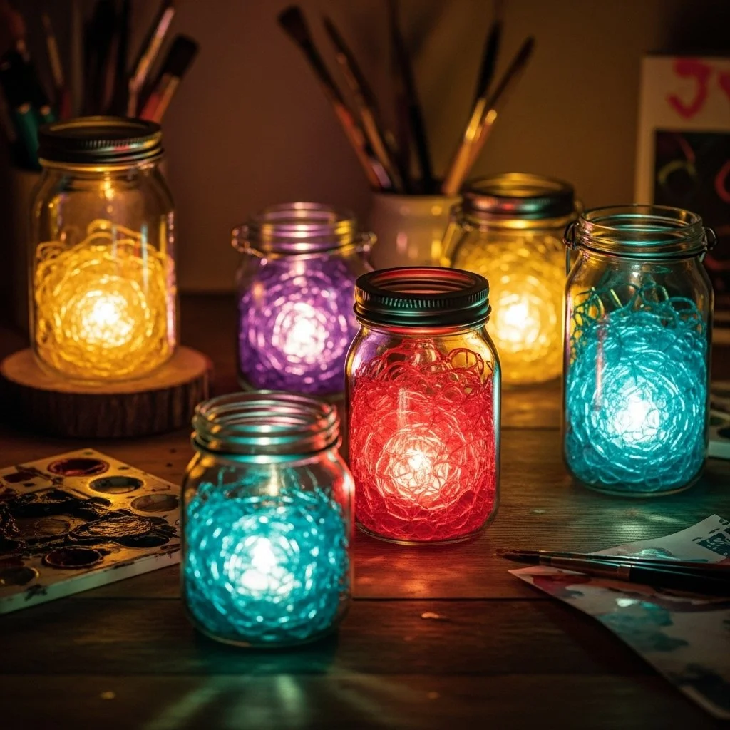 Colorful watercolor luminaries illuminating a cozy space with whimsical designs.