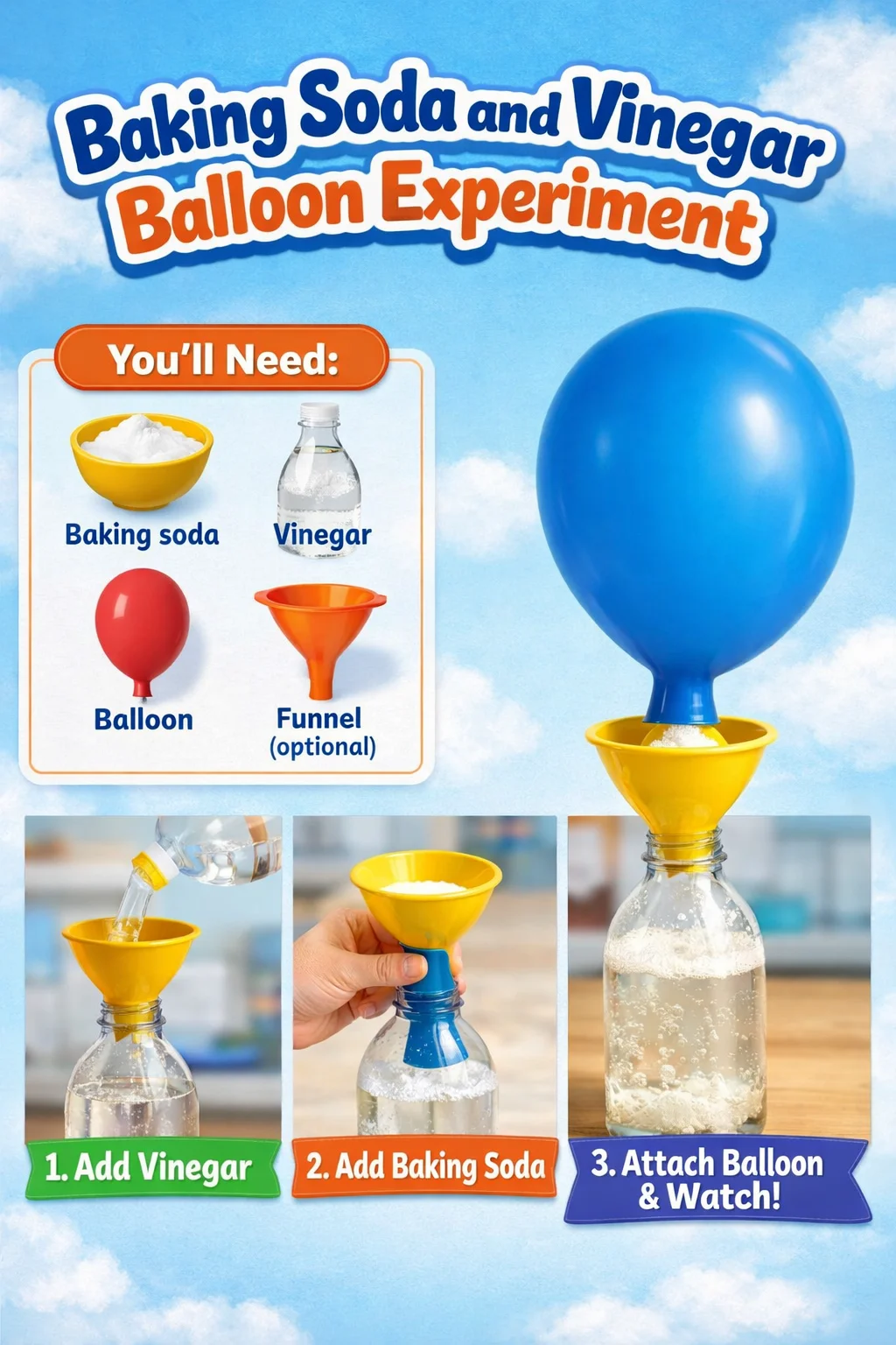 Baking Soda and Vinegar Balloon Experiment using a balloon and a bottle.