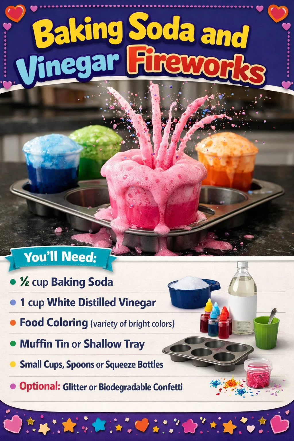 Baking soda and vinegar fireworks demonstration with bubbly eruptions.