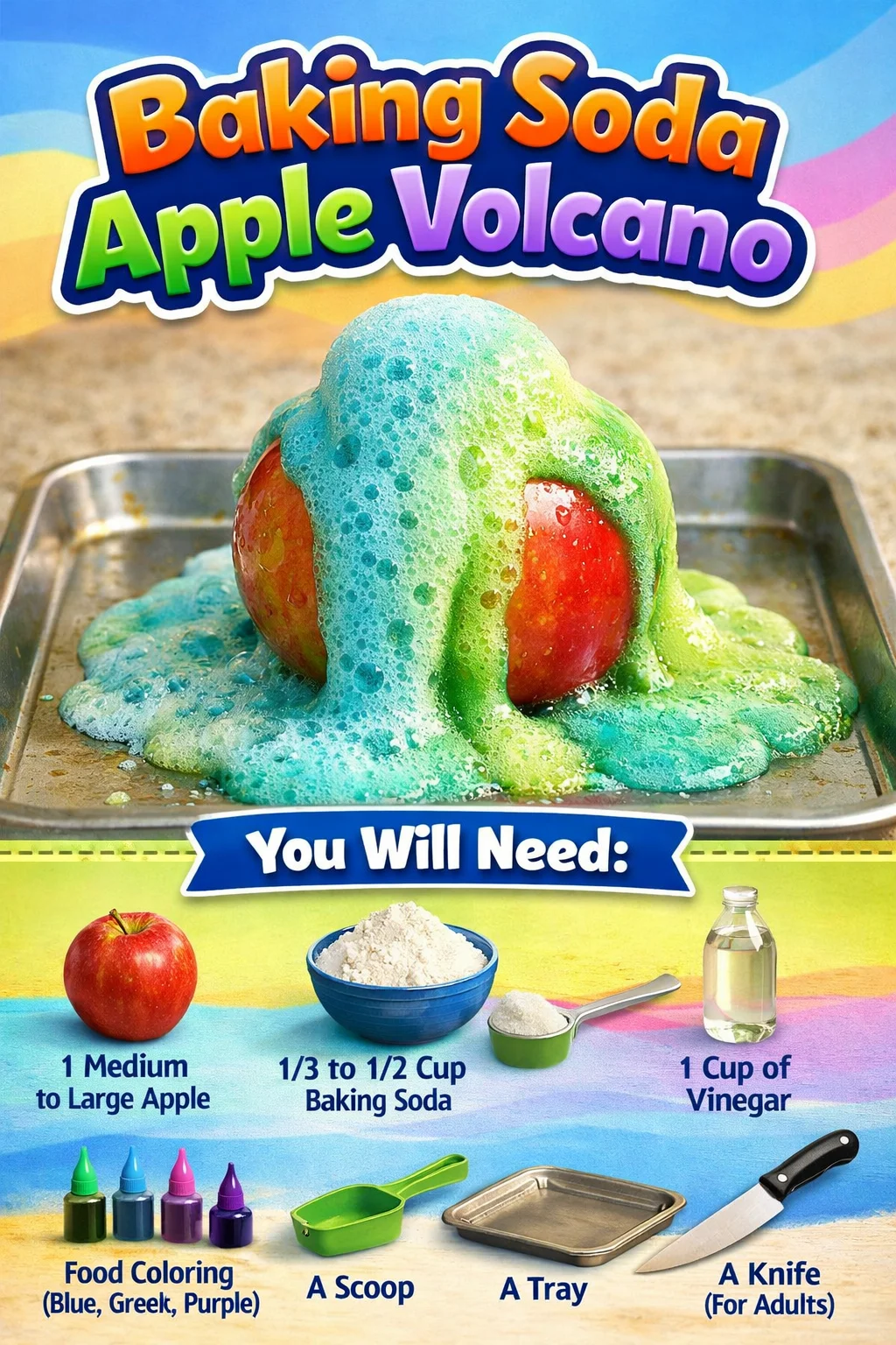 Child conducting a Baking Soda Apple Volcano experiment with colorful eruption.