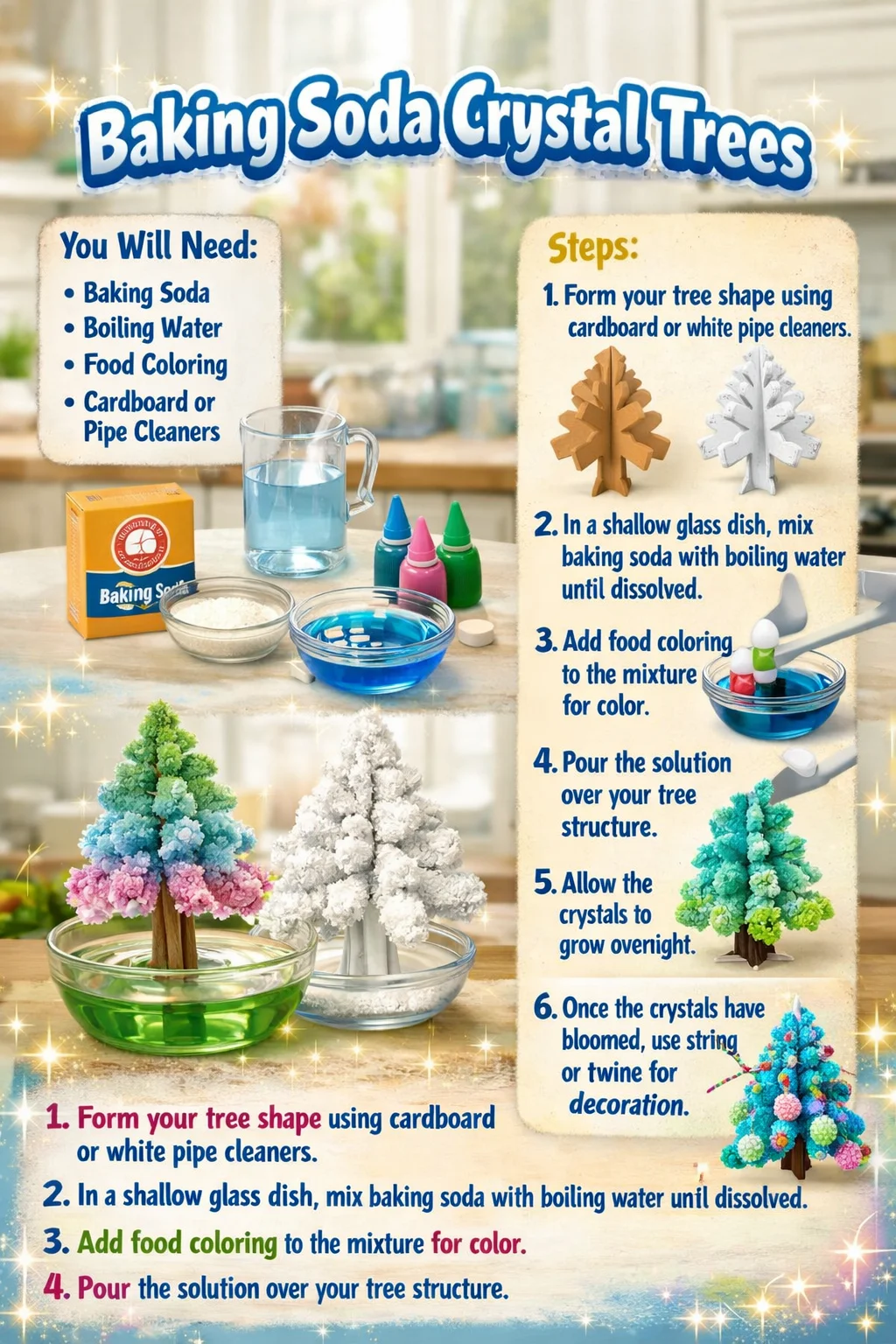 Baking soda crystal trees glittering in various shapes and colors.