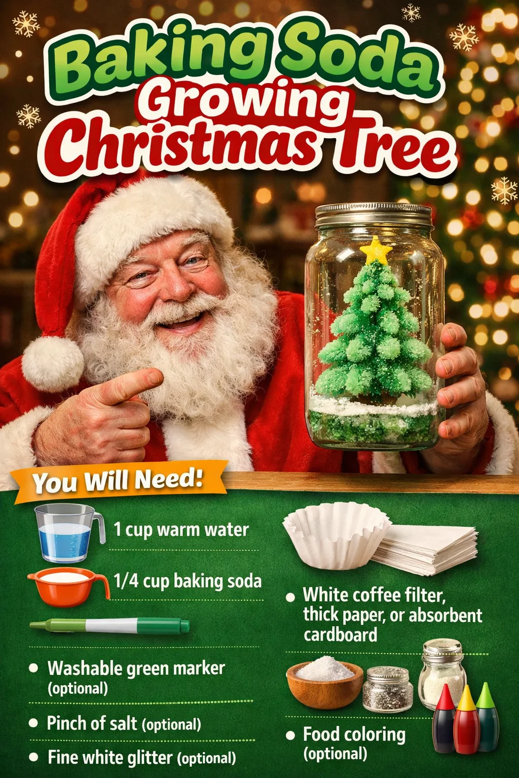 Baking soda Christmas tree growing project with festive decorations.