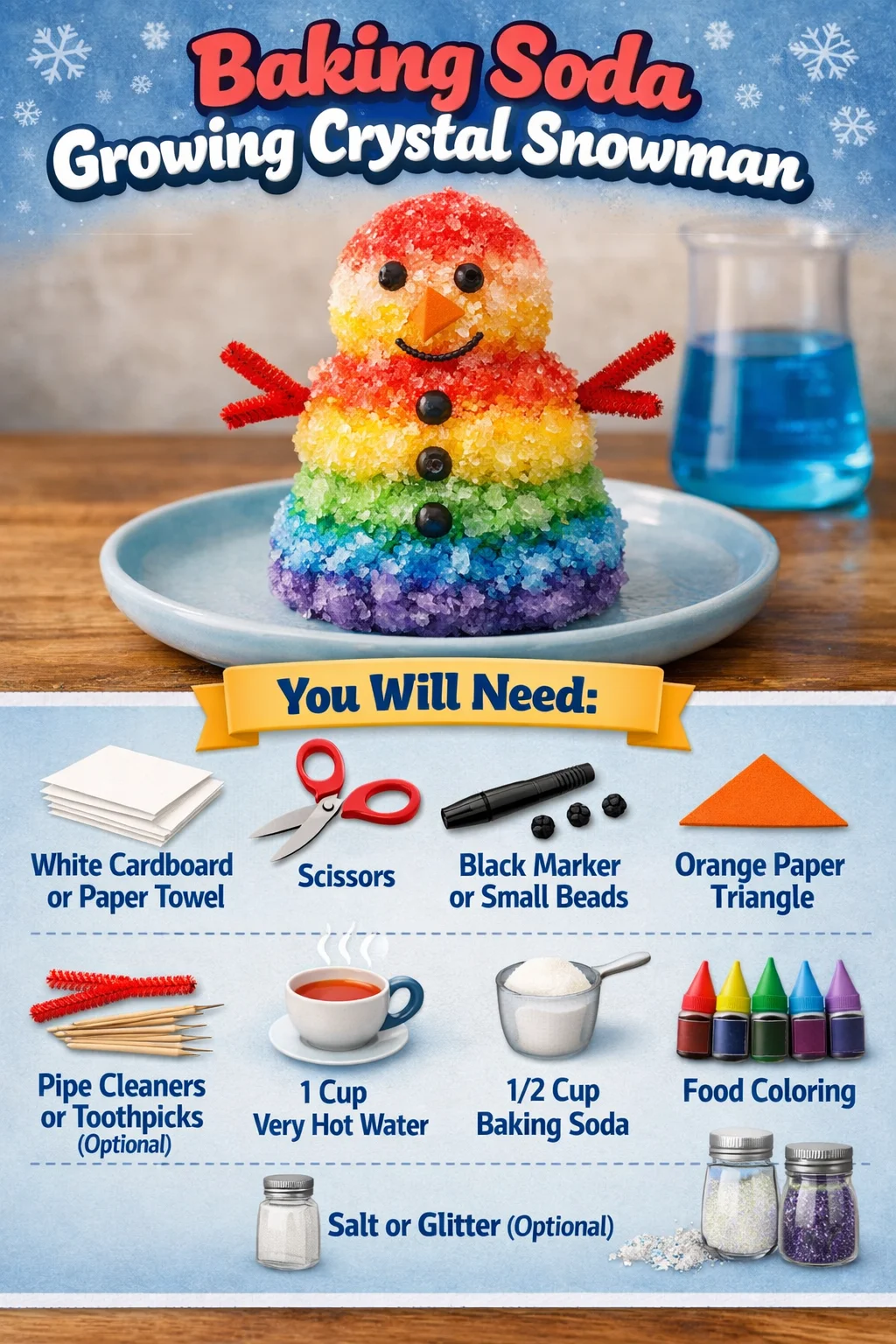 Baking soda crystal snowman project for winter activities and crafts