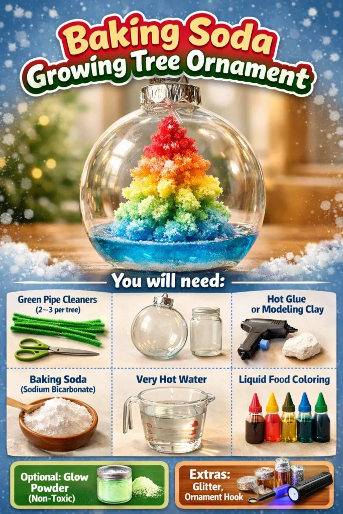 Baking soda growing tree ornament displayed as a festive holiday decoration