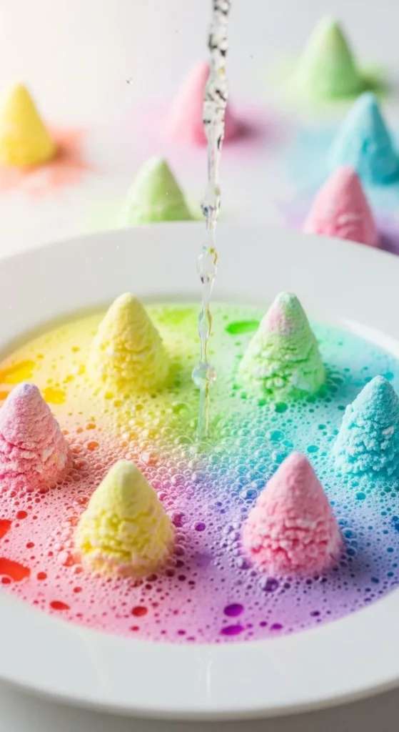 Colorful Baking Soda Rainbow Crystal Trees crafted at home.