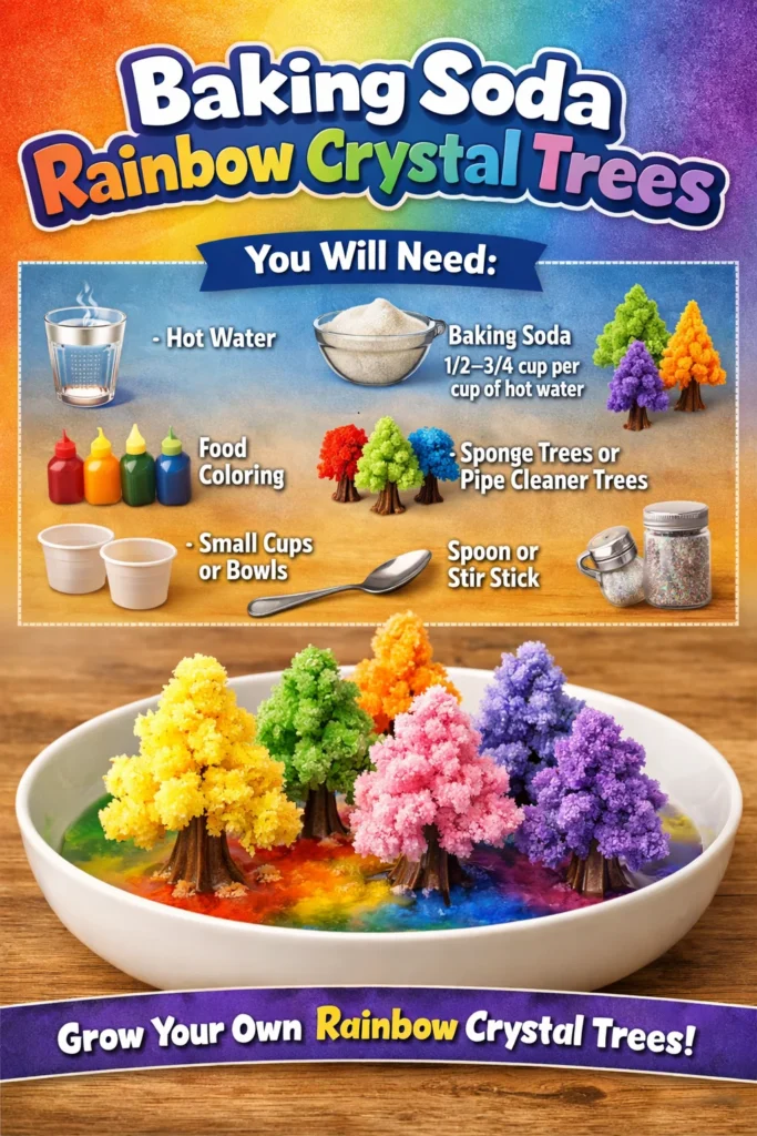 Colorful rainbow crystal trees made with baking soda in a fun DIY project