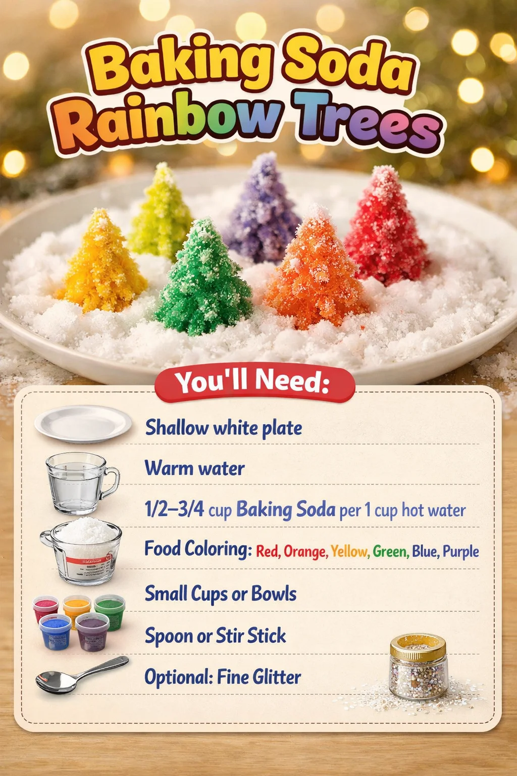 Vibrant Baking Soda Rainbow Trees art project demonstrating colorful science.