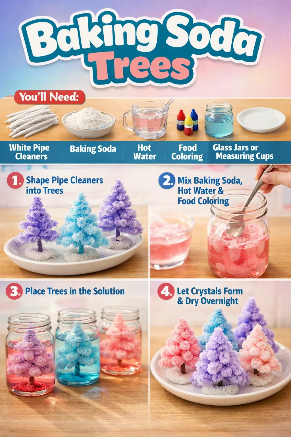 Baking soda trees decorated for the holidays with vibrant colors and crafts.