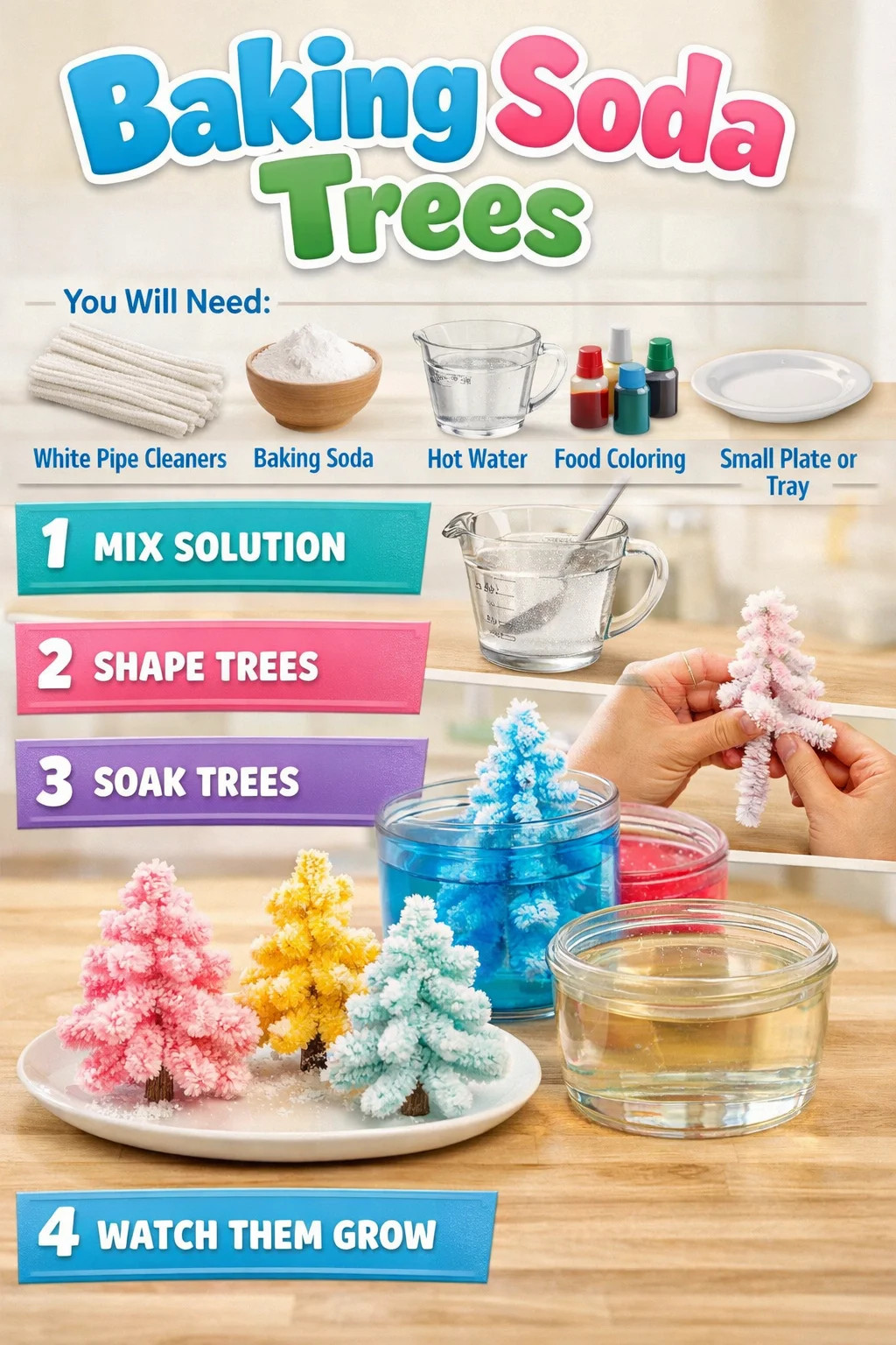Colorful baking soda trees crafted with a fun and easy DIY method.