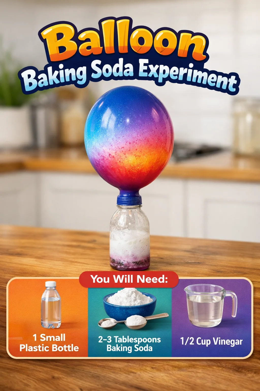 Balloon baking soda experiment showing a balloon inflating with a chemical reaction.