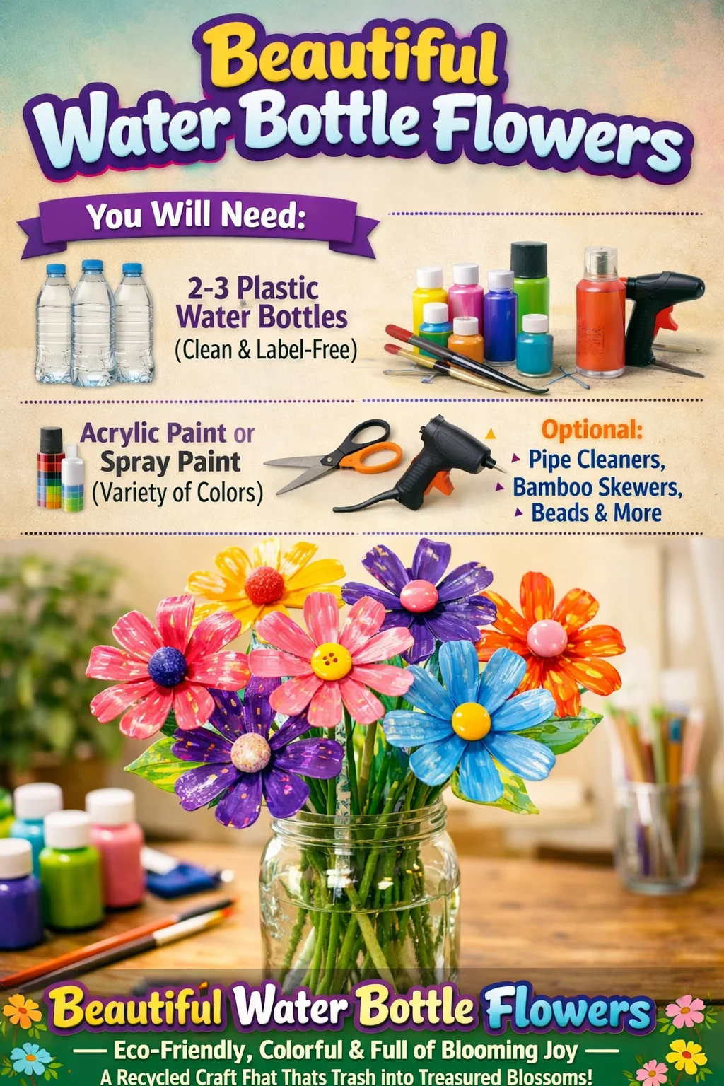 Colorful water bottle flowers arrangement for home decor