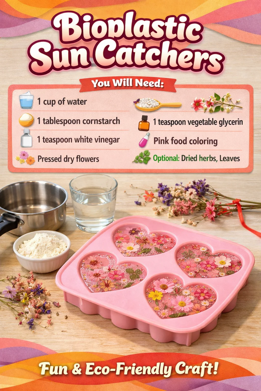 Colorful bioplastic sun catchers hanging in a sunny window