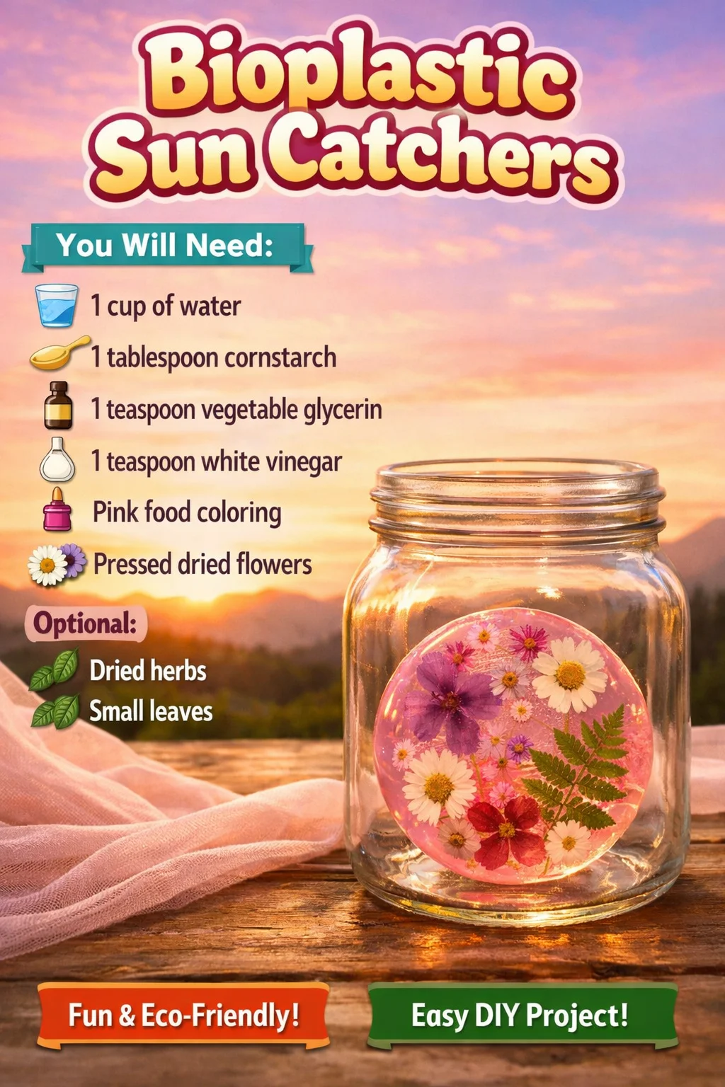 Colorful bioplastic sun catchers hanging in a sunny window