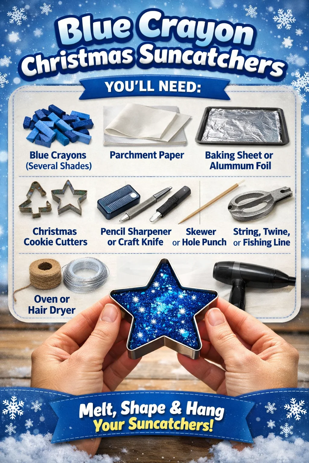 Homemade Blue Crayon Christmas Suncatchers for holiday decorations