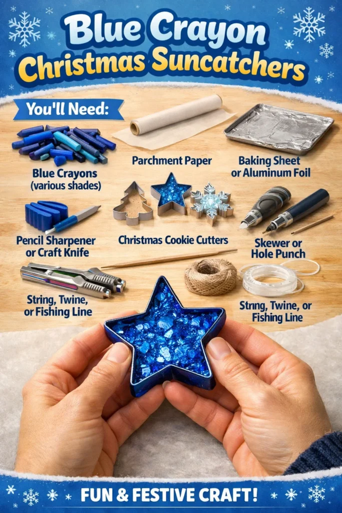 Blue Crayon Christmas Suncatchers for holiday decoration and creativity