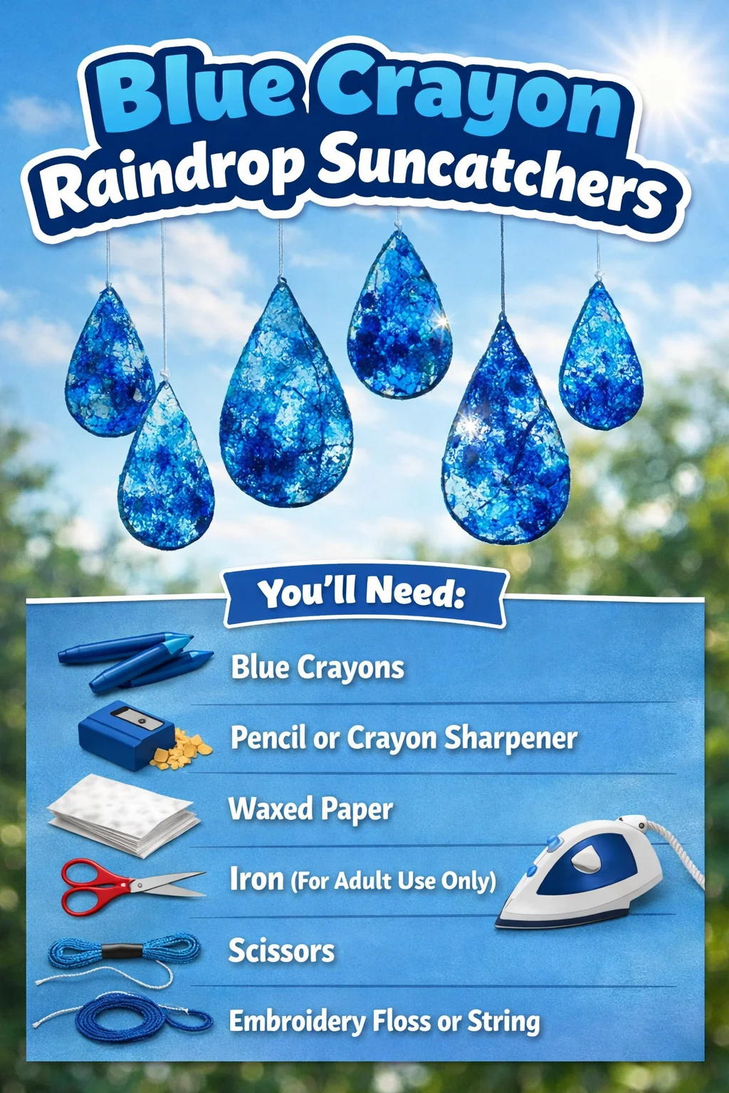 Beautiful Blue Crayon Raindrop Suncatchers catching sunlight