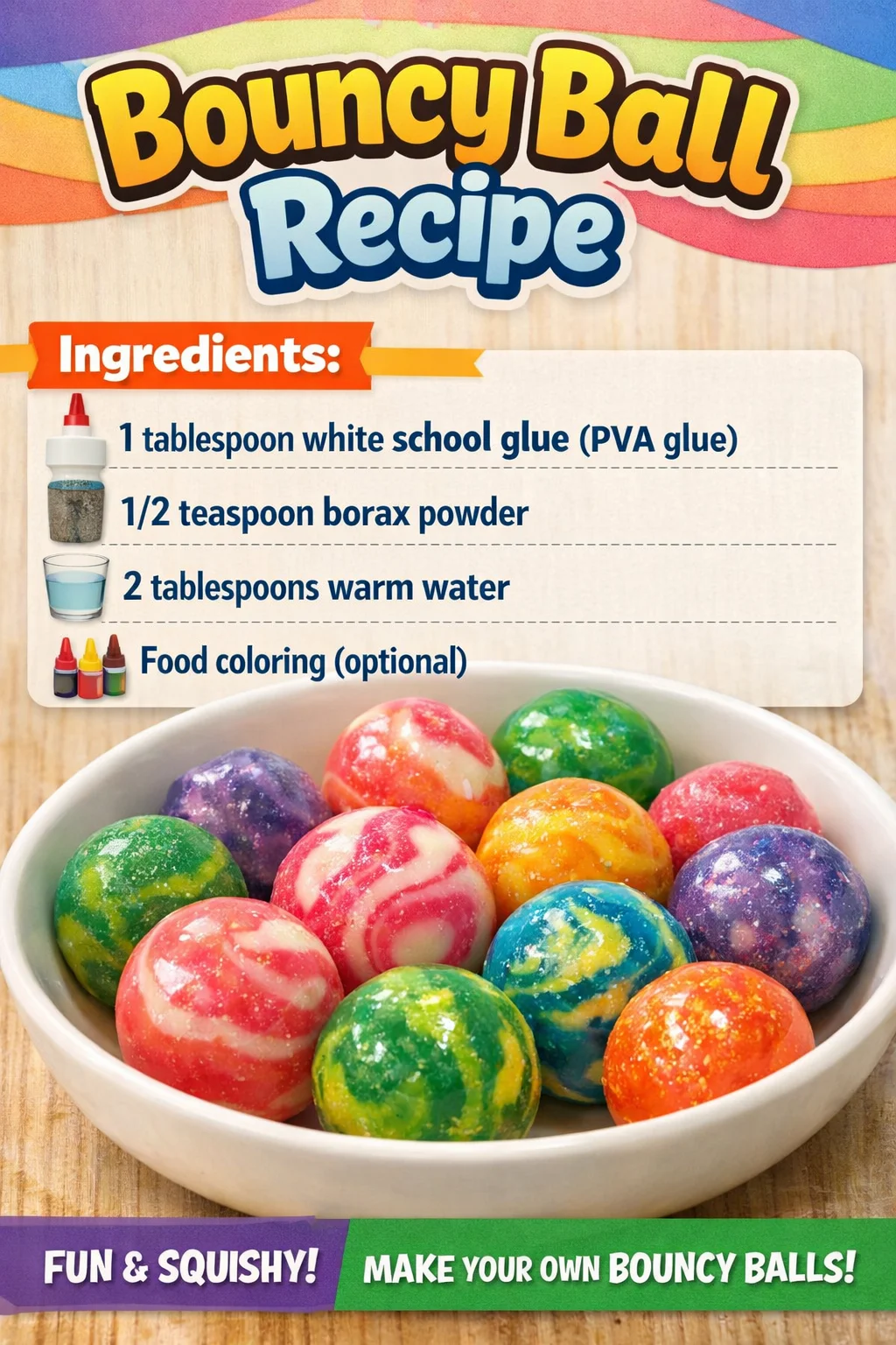 Homemade bouncy ball recipe with colorful materials