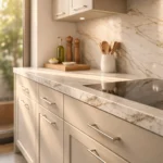 Sunlit Greige Kitchen showcasing marble countertops and modern cabinetry design.