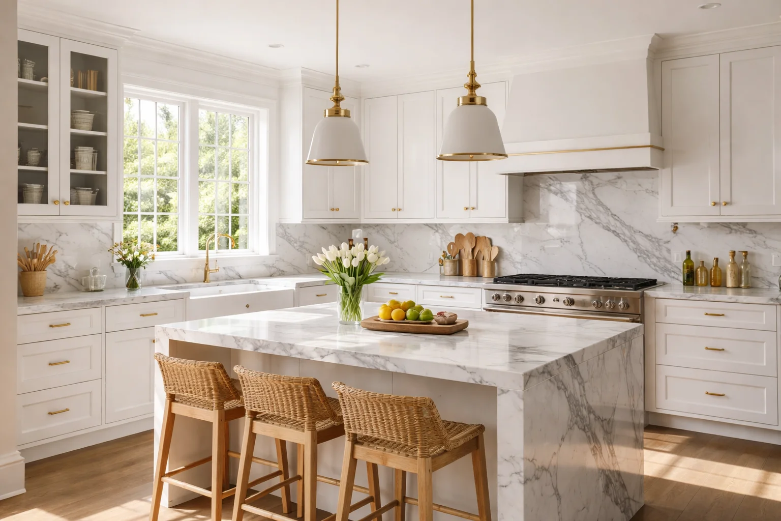 Sunlit Greige Kitchen with Marble Countertops Contemporary Designs