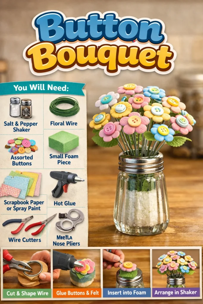 Colorful Button Bouquet displayed as a unique floral arrangement.
