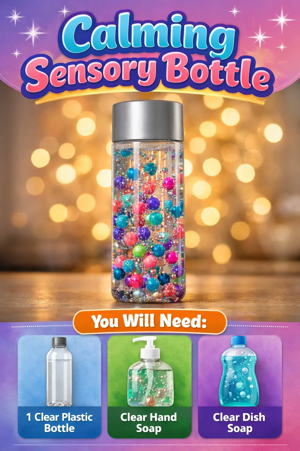 Calming sensory bottle featuring glitter and calming liquids for relaxation.