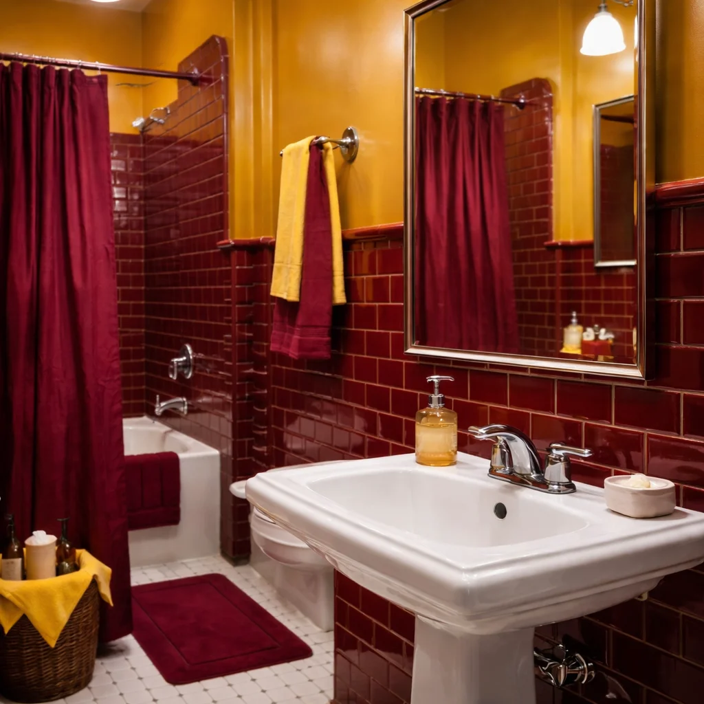 Beautifully designed Yellow and Burgundy Bathroom with modern decor and stylish rugs.