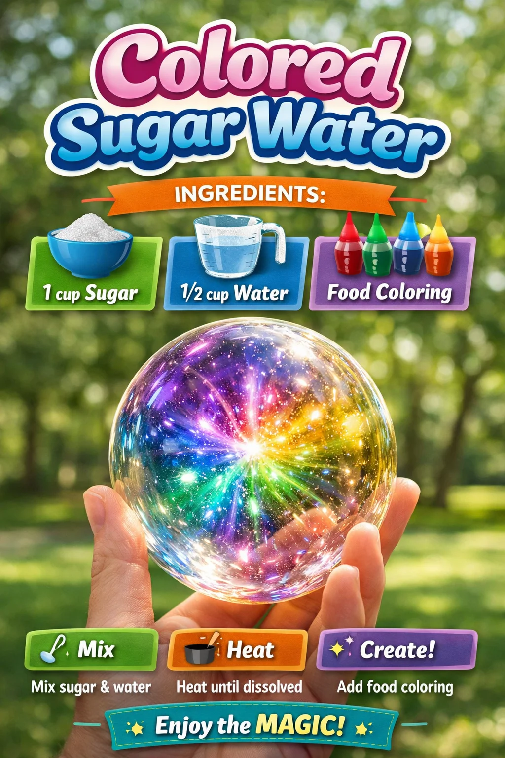 Vibrant colored sugar water in glass jars for creative drinks and crafts