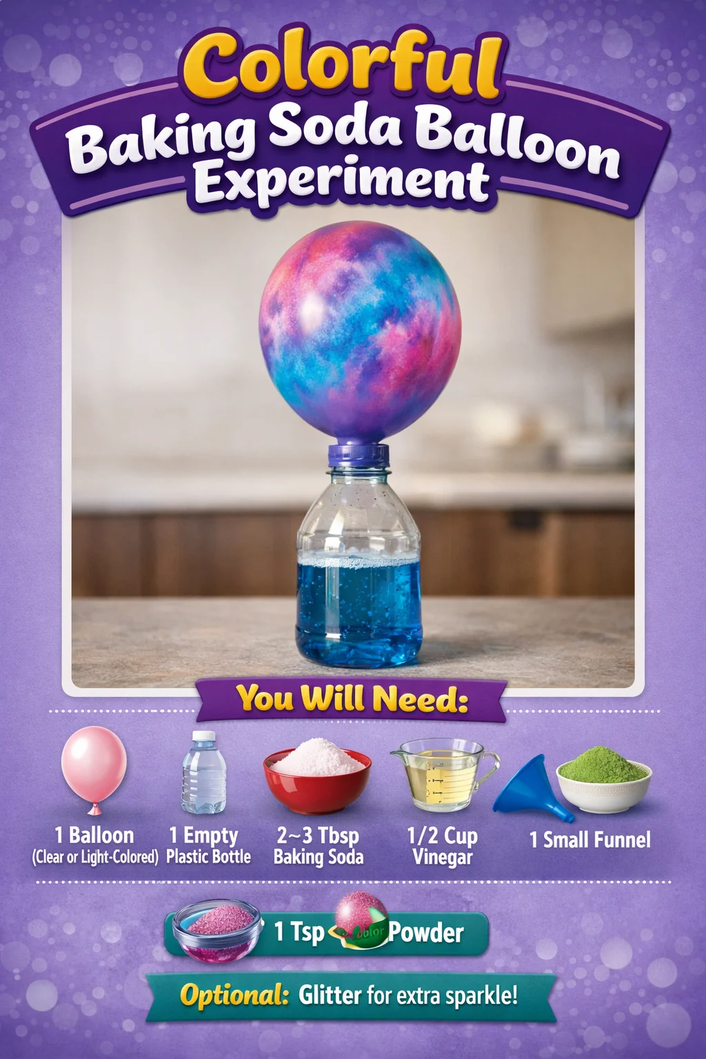 Colorful baking soda balloon experiment showcasing fizzy reactions and vibrant colors.