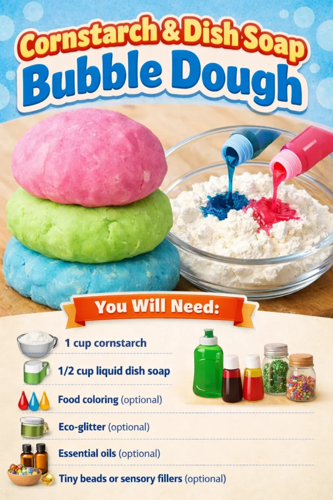Child playing with cornstarch and dish soap bubble dough for sensory fun.