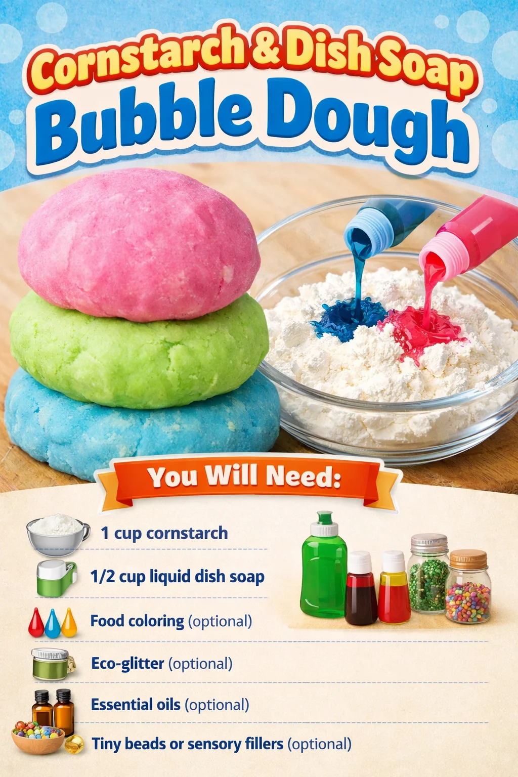 Child playing with cornstarch and dish soap bubble dough for sensory fun.