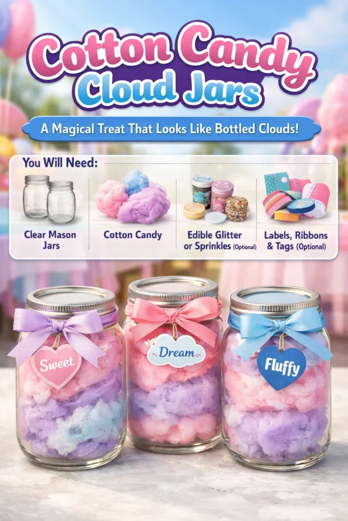 Colorful Cotton Candy Cloud Jars filled with fluffy cotton candy treats