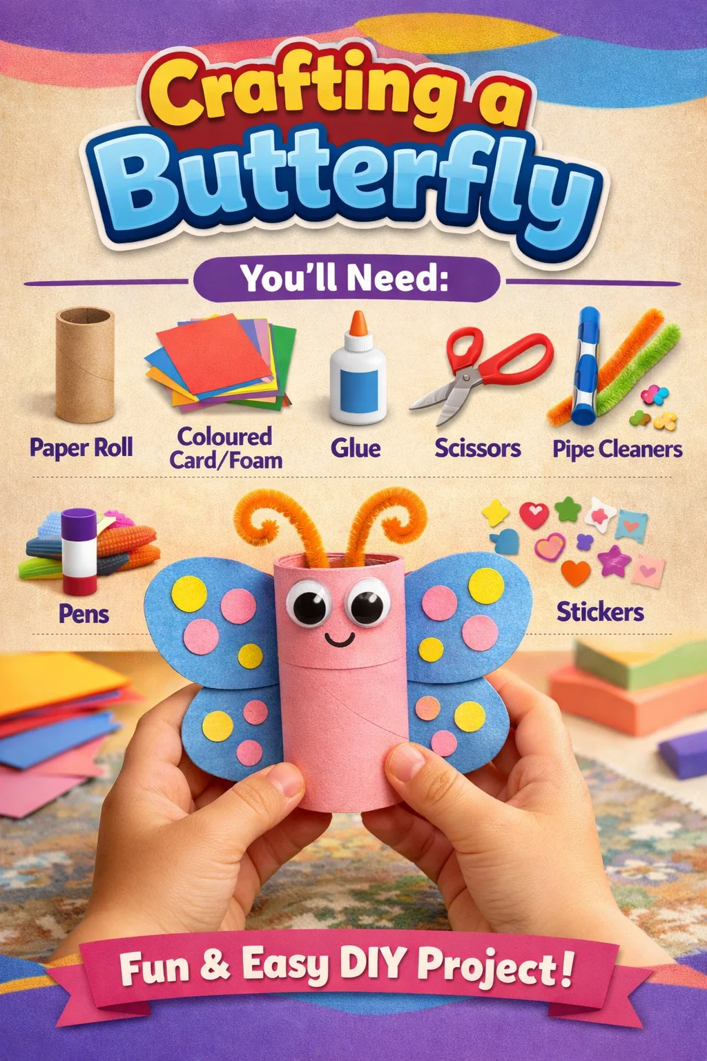A colorful butterfly craft made from paper, showcasing vibrant designs and creativity.