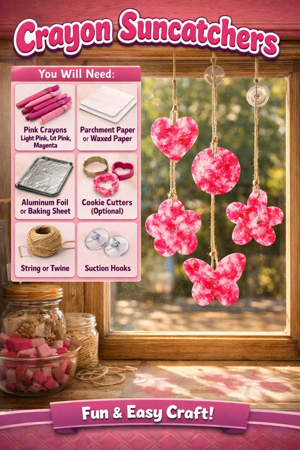 Vibrant Crayon Suncatchers hanging in a window, showcasing colorful light patterns.