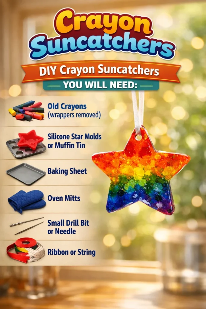 Colorful crayon suncatcher hanging in a sunny window