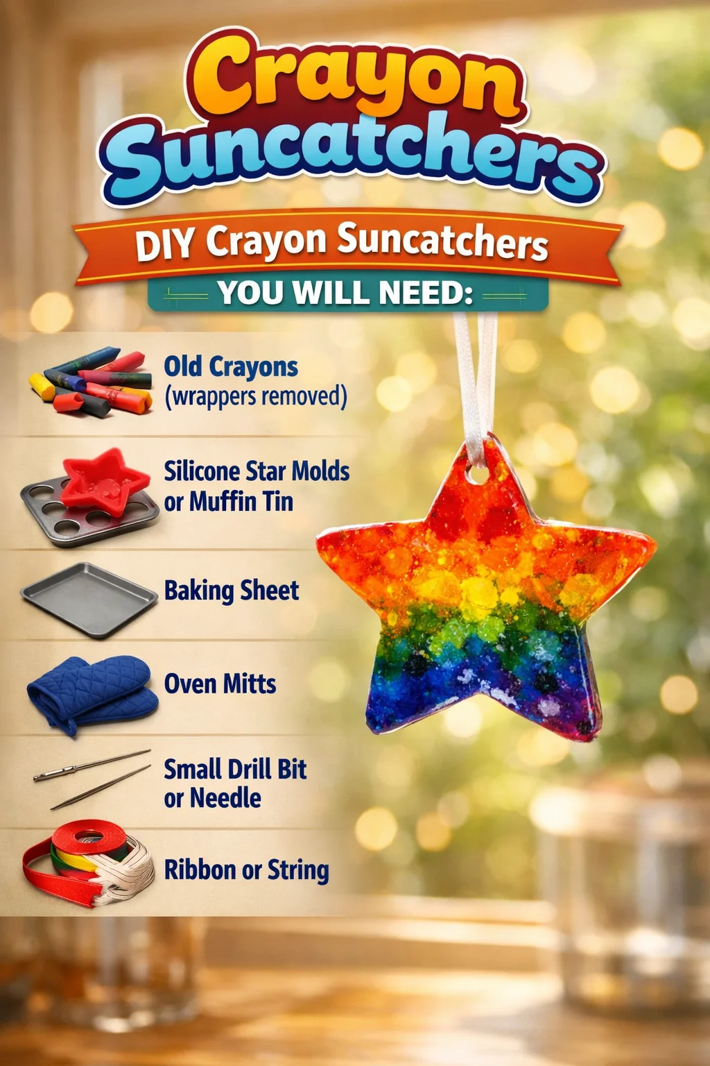 Colorful crayon suncatcher hanging in a sunny window