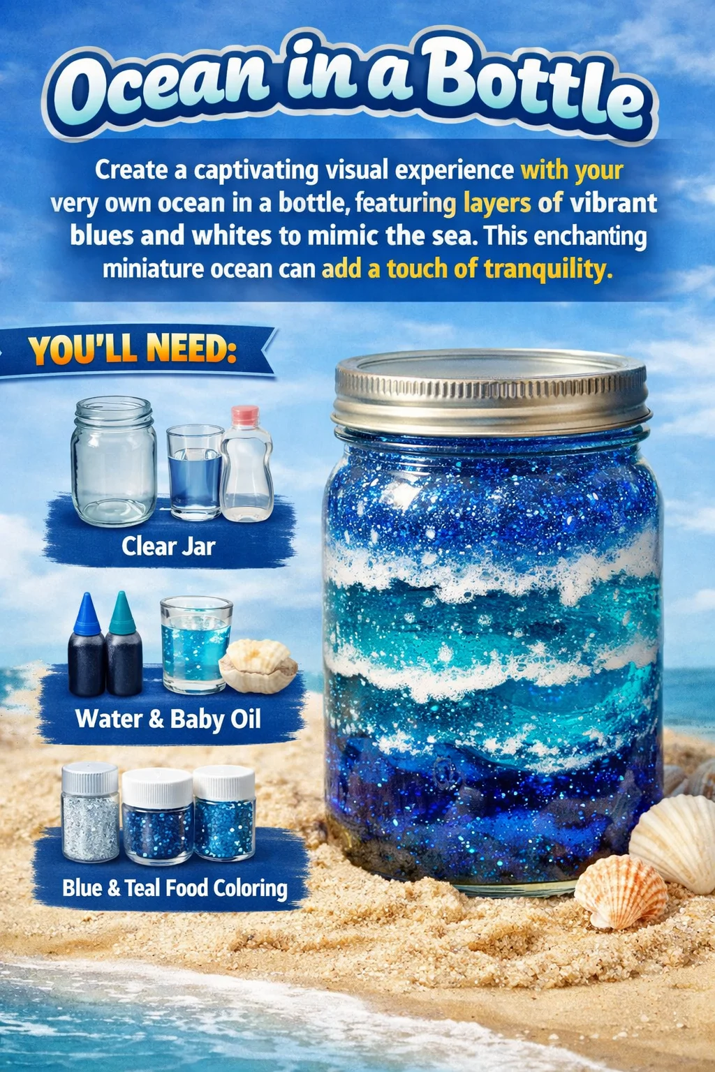 Ocean in a bottle showcasing vibrant blues and whites for a tranquil aesthetic.