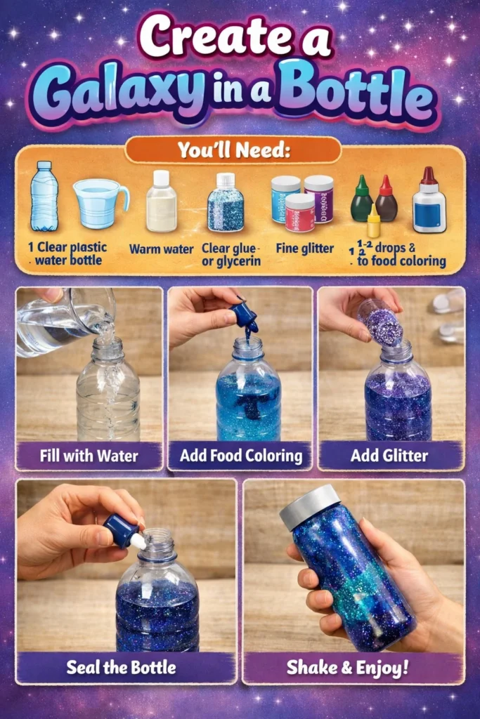 A stunning DIY galaxy in a bottle showcasing swirling colors and glitter