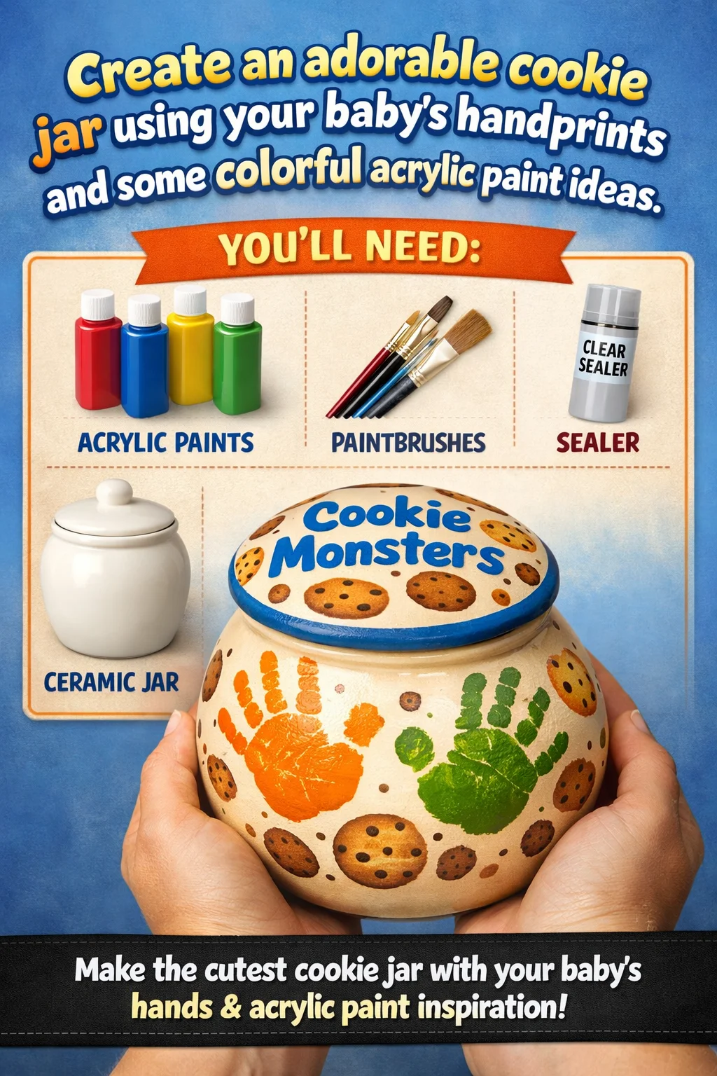 Cute DIY cookie jar decorated with baby's handprints in colorful paint