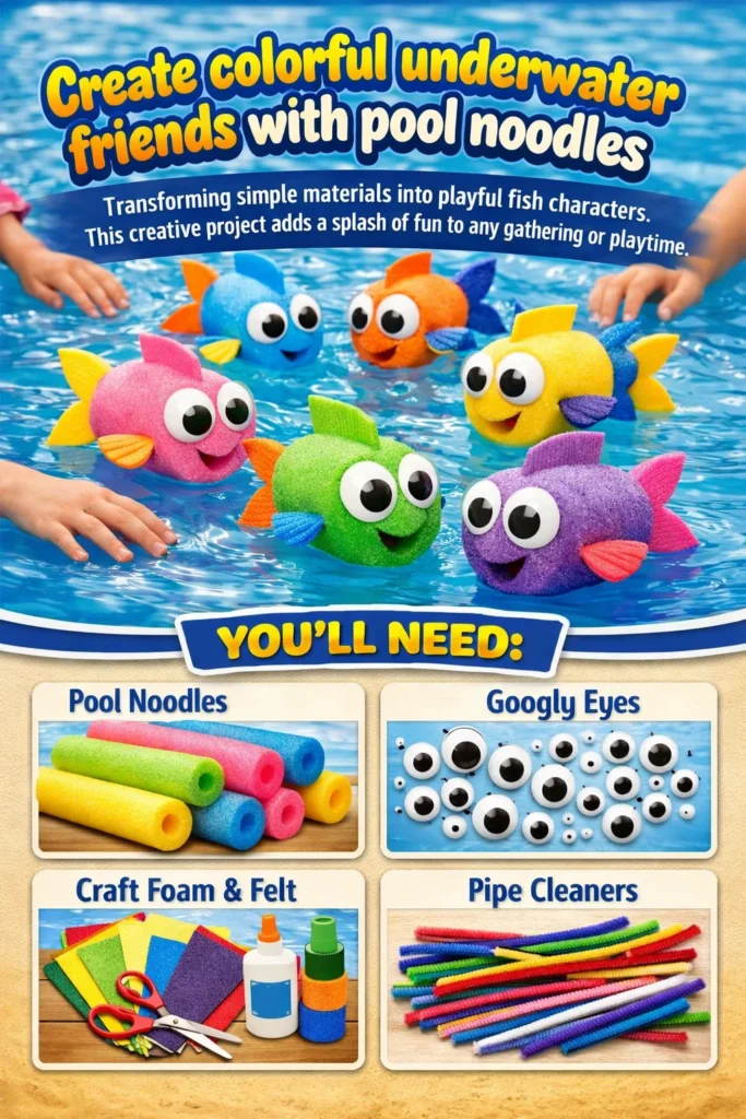 Colorful pool noodle fish characters representing underwater friends.