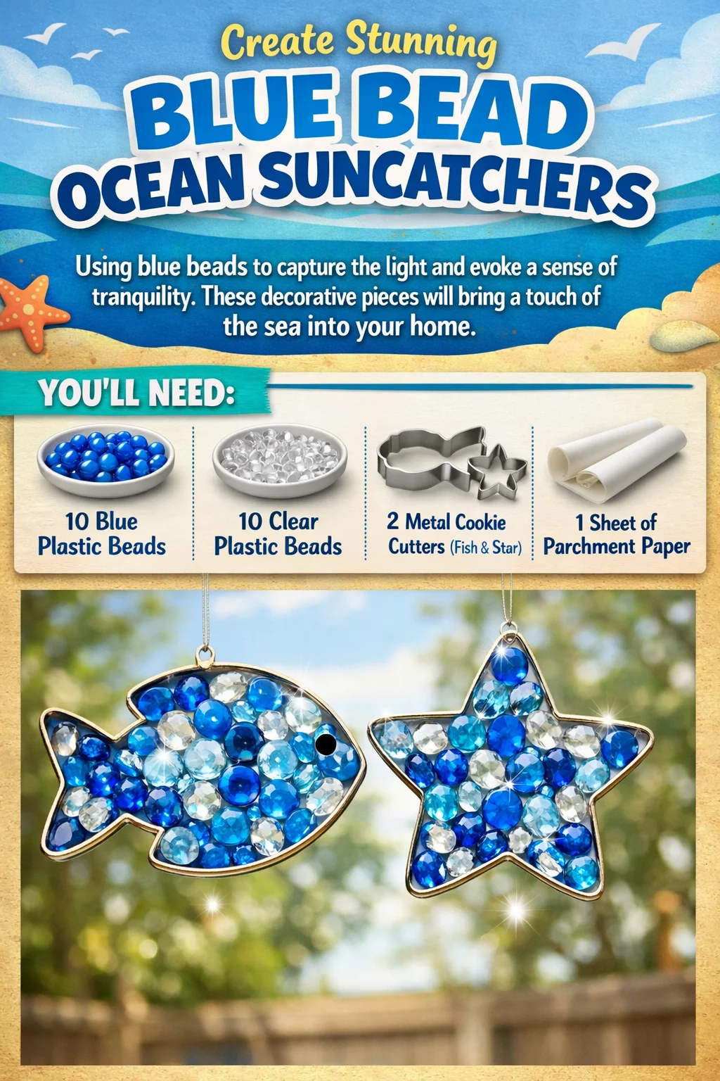 Ocean-themed suncatcher crafted with blue beads for a serene home decor touch.