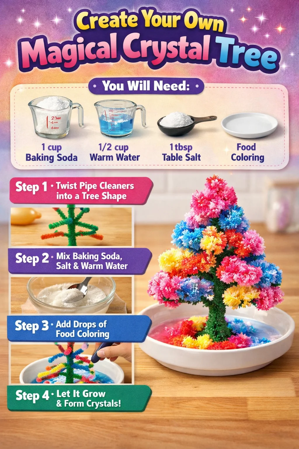 DIY crystal tree project with colorful crystals and branches