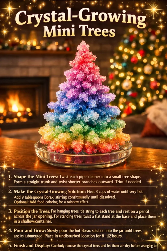Colorful mini crystal-growing trees displayed in a vibrant setting