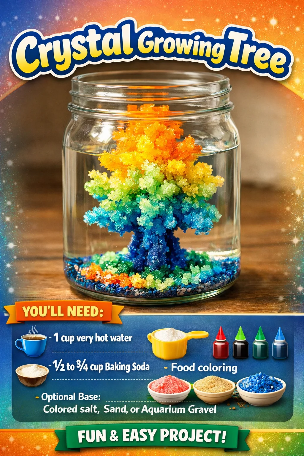 Colorful crystal growing tree showcasing vibrant crystals in various sizes and shapes.