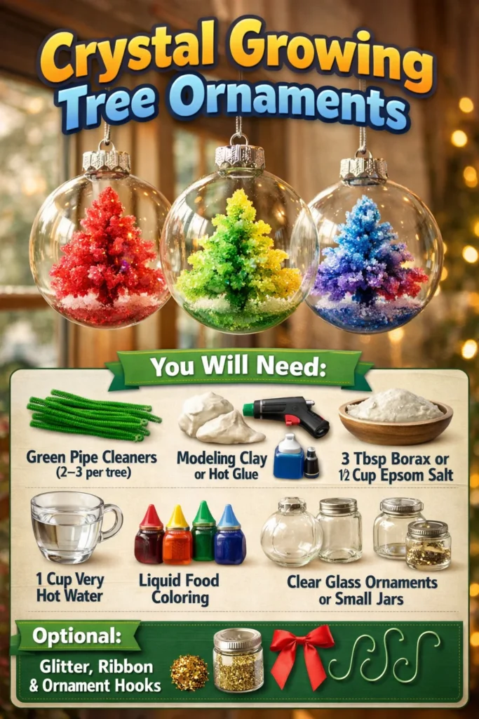 Colorful crystal growing tree ornaments showcasing intricate designs and shapes.