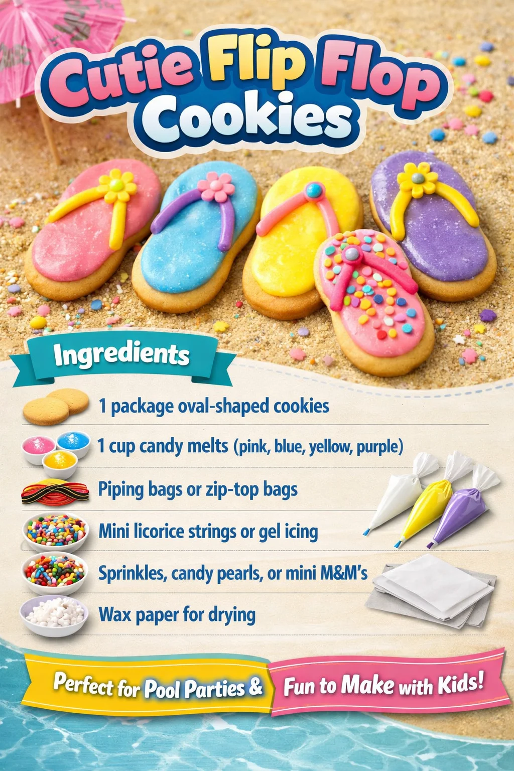Cute Flip Flop Cookies decorated for summer fun and beach-themed events